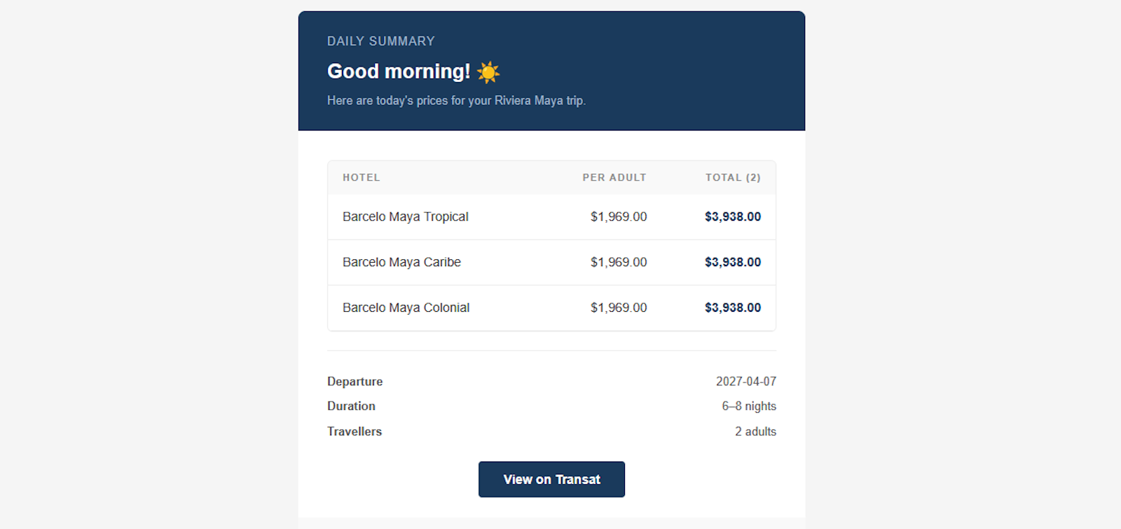 Transat Watcher email alert preview